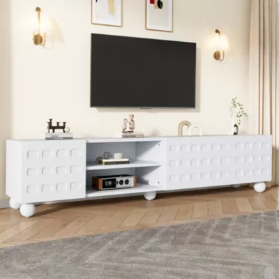 Meuble TV avec 3 Portes et Rangements Semi-Ouverts, en Panneau de Particules, 200 cm, Blanc