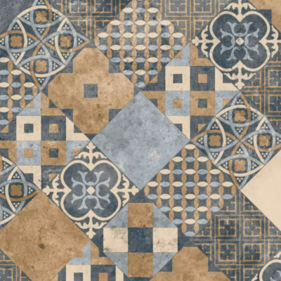 Sol PVC – Carreaux Art Déco – Marron et Bleu Gris – Rouleau de 3m x 26m