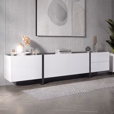 Meuble TV panneau bas avec pieds color-block blanc/noir brillant, portes et tiroirs avec étagères, design simple et linéaire