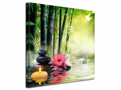 DECLINA, Tableau toile imprimée Zen, Tableau zen bougie et galet sur forêt de bambou, 80×80 cm