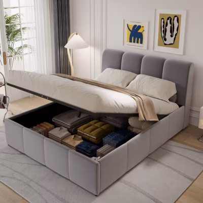 Lit coffre style nuage LED 140x190cm velours gris BALTIMORE