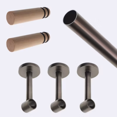 Kit de tringle à rideaux Carbone 250cm Diam.20mm Embout Cylindre Bois – Fixation Mur – Boulet