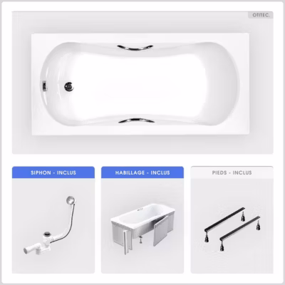 Baignoire rectangulaire – 170 x 70 cm – avec Habillage – Pieds – Poignées – Vidage Chrome – ARIA PLUS