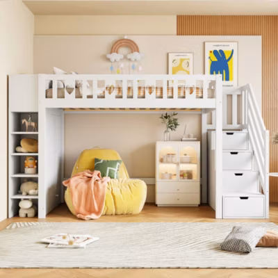 Lit superposé 90×200 cm avec échelle de rangement et rangements intégrés en pin et MDF, coloris blanc