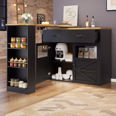 Table de Bar Extensible – Buffet Pivotant à Rotation Complète avec Rangement et Étagères, MDF – Noir, 138-204x39x104 cm