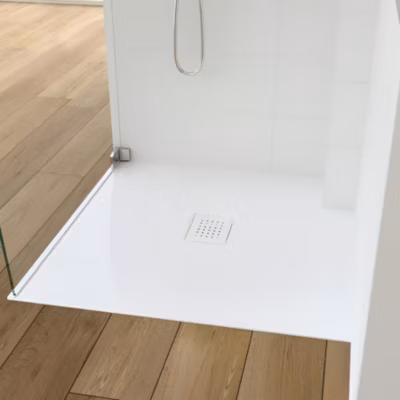 Receveur de douche Kinedo Kinesurf découpable 100X100 blanc avec grille assortie et bonde extra-plate