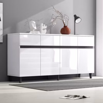 Commode 4 tiroirs + 2 portes, étagères réglables, meuble bas brillant