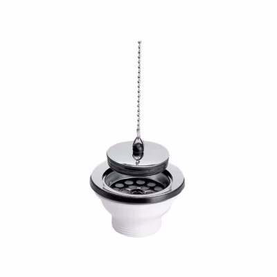 Bonde et vidage plastique pour évier grès et synthèse 1 bac – Sortie: 1&Prime;1/2 – Diamètre extérieur: 84 mm – BLANC